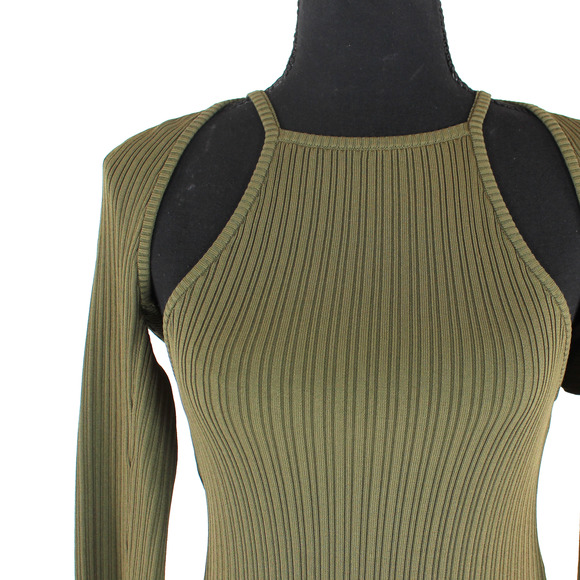 NICHOLAS Luna Khaki Green Rib Knit Racerback Tank Shrug Set S NEW Detatchable - Picture 4 of 6